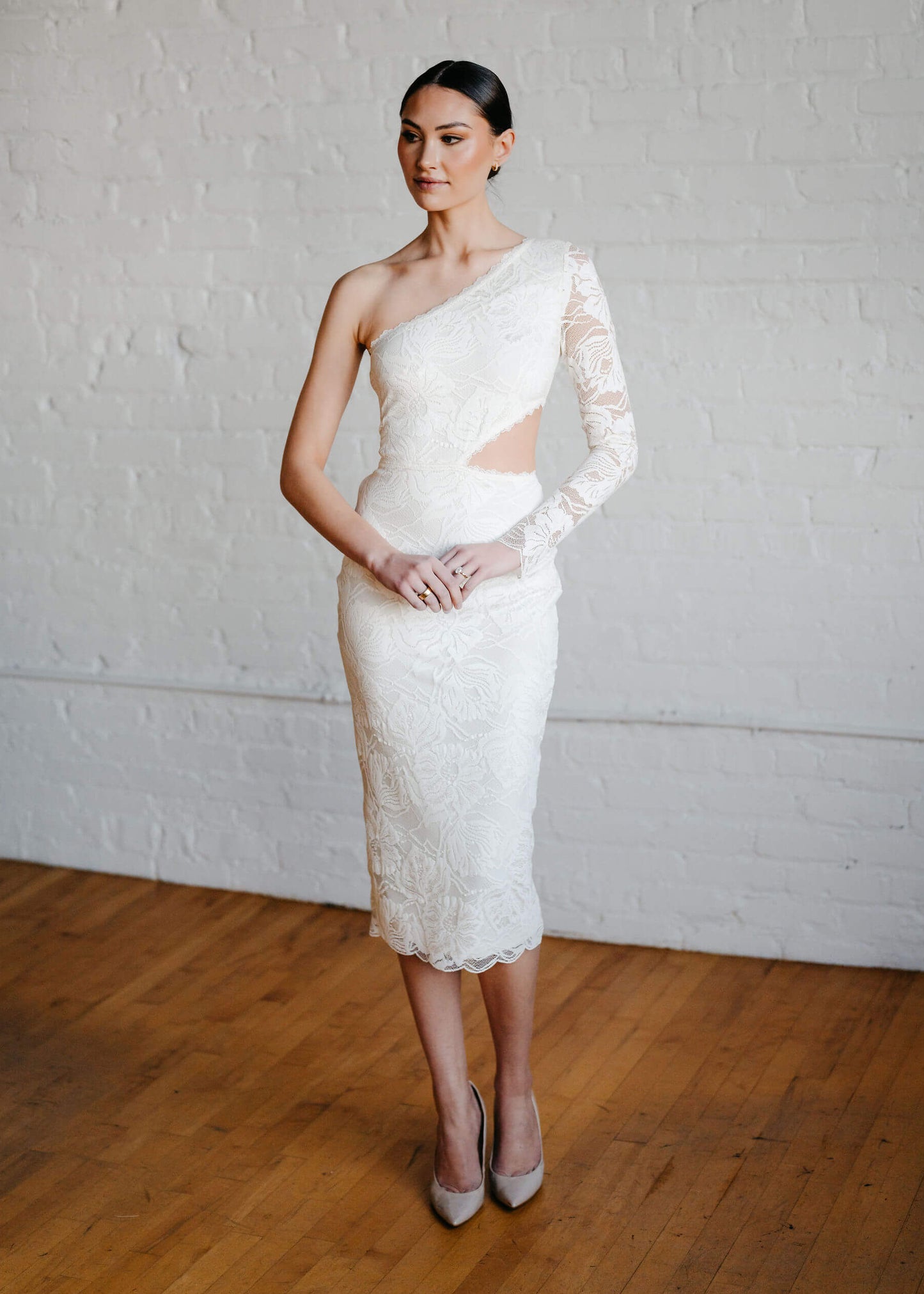 Samantha Wood Brooklyn One Shoulderr Midi Dress in Ivory Lace