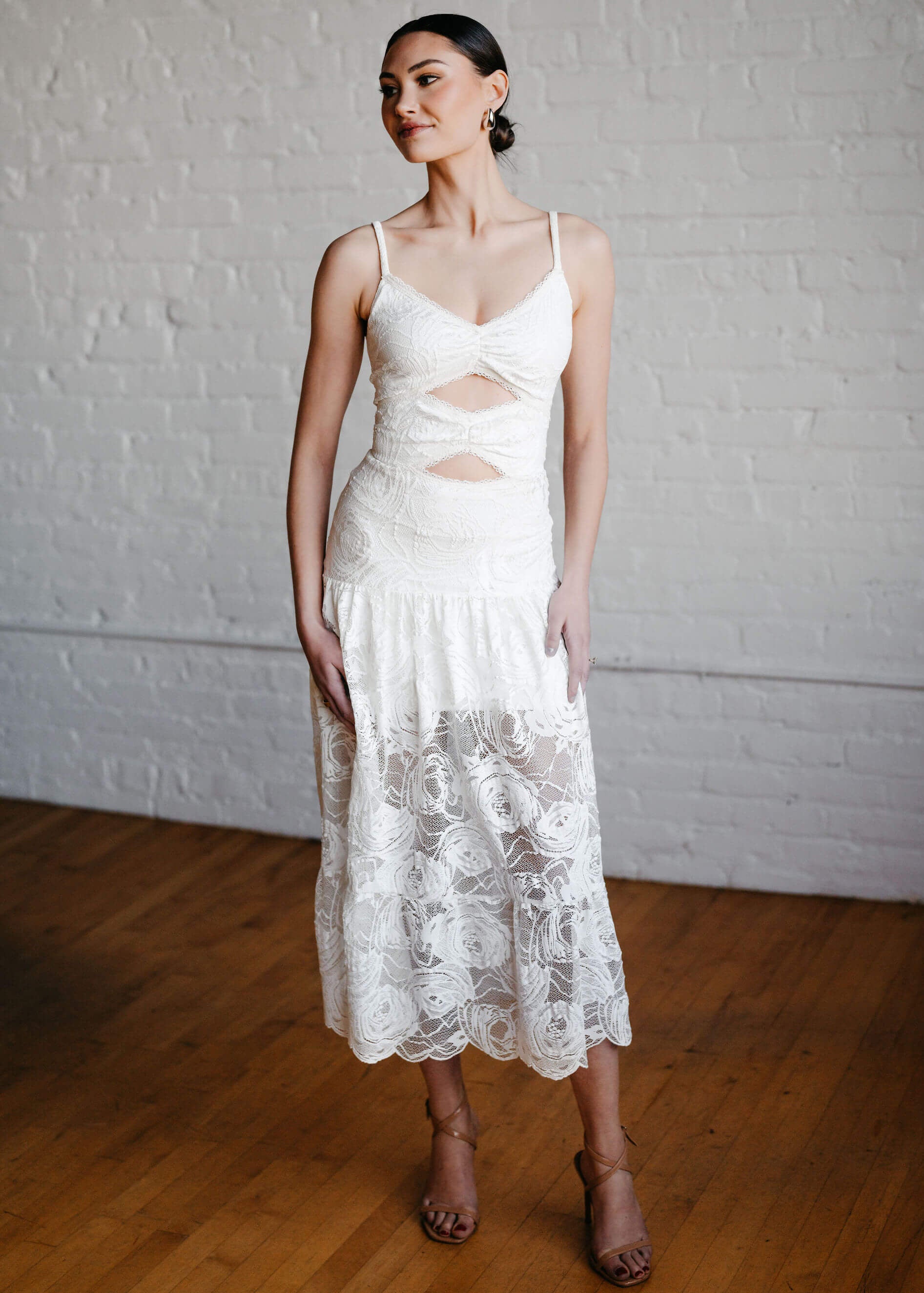 The Finley Midi Dress in Ivory Bloom Floral Lace The Finley Midi Dress in Ivory Bloom Floral Lace