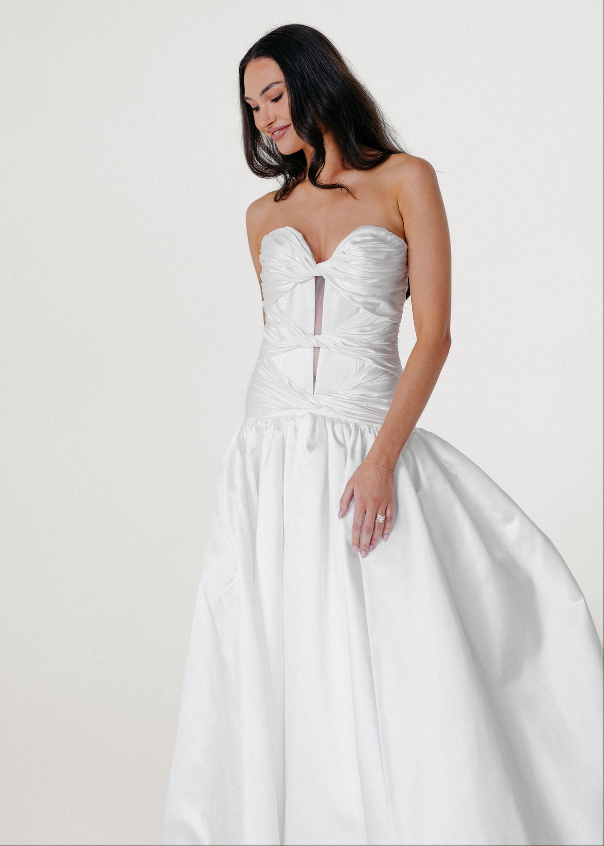 Samantha Wood Fashion Designer Bridal Era Collection The One Wedding Gown Twisted Front Cut Out Mikado Dress Campaign Image on Model Morgan Romano