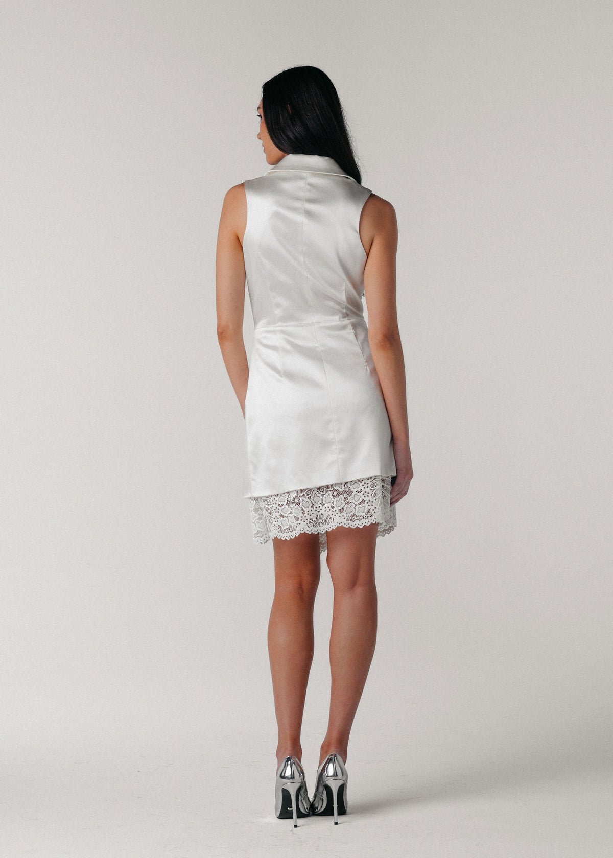 Samantha Wood Fashion Designer Bridal Era Collection Deanna Ivory White Satin Blazer Wrap Dress with Lace on Model Back