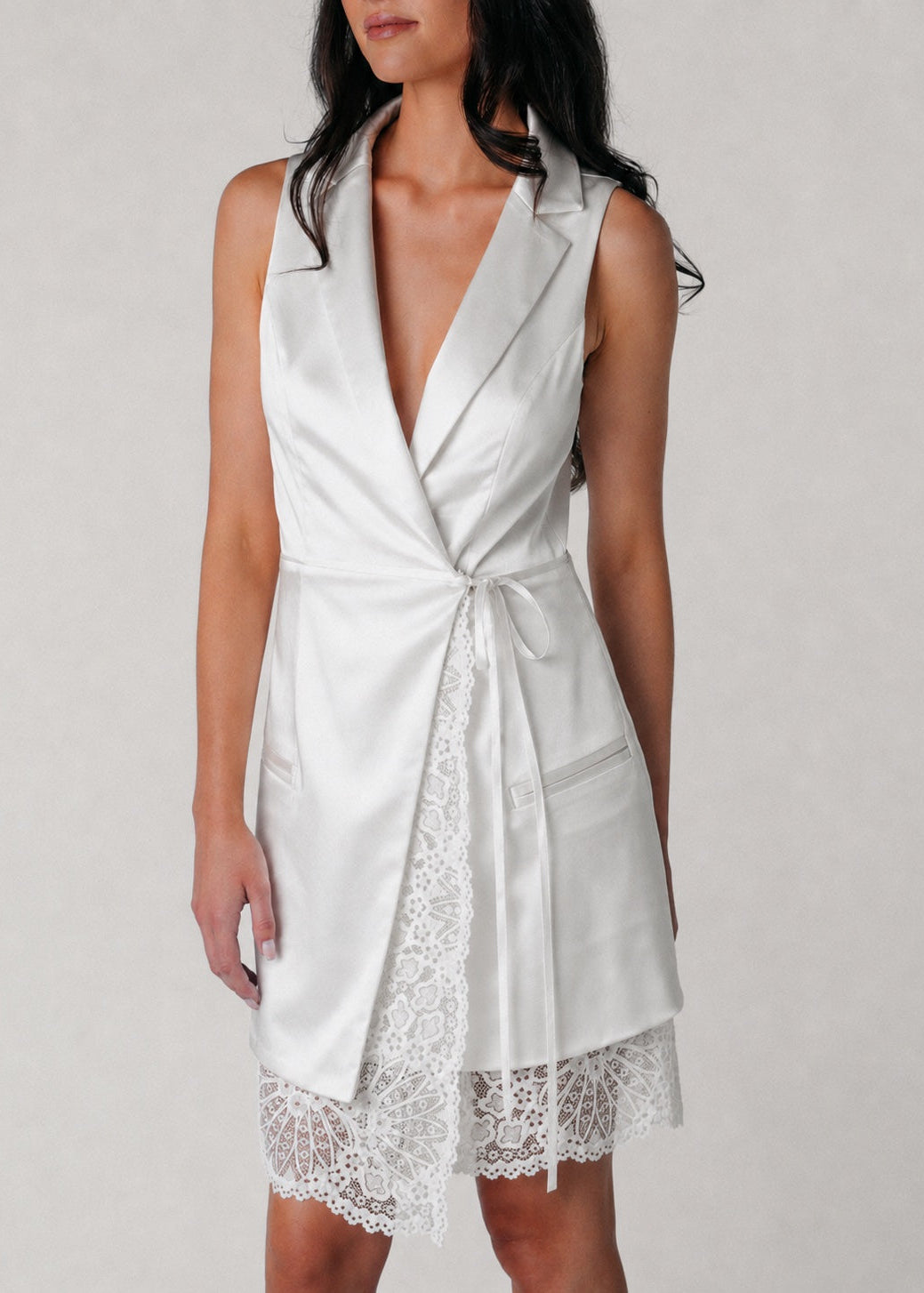 Samantha Wood Fashion Designer Bridal Era Collection Deanna Ivory White Satin Blazer Wrap Dress with Lace on Model Detail