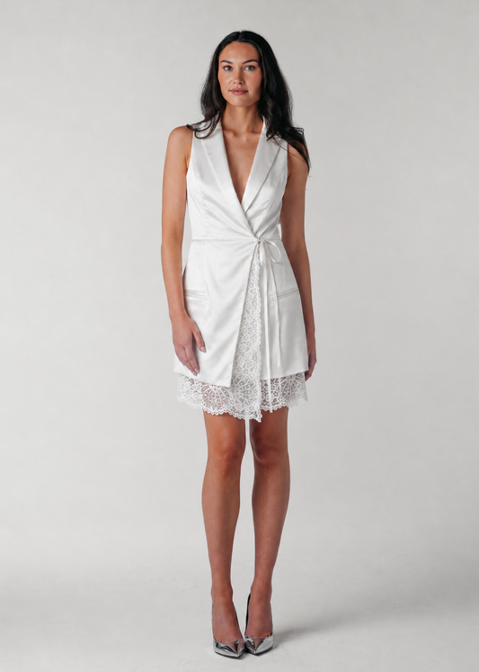 Samantha Wood Fashion Designer Bridal Era Collection Deanna Ivory White Satin Blazer Wrap Dress with Lace on Model 