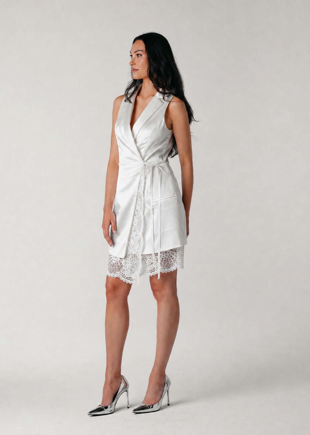 Samantha Wood Fashion Designer Bridal Era Collection Deanna Ivory White Satin Blazer Wrap Dress with Lace on Model Side
