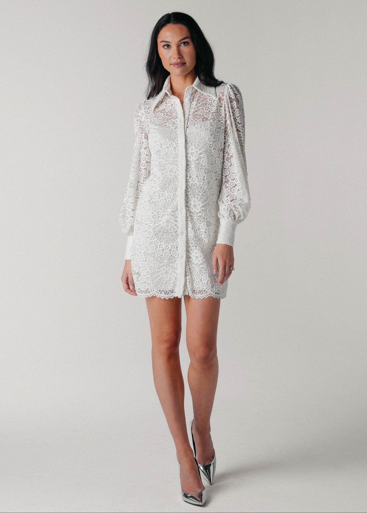 Samantha Wood Fashion Designer Bridal Era Collection Charlotte White Lace Shirt Dress on Model Front