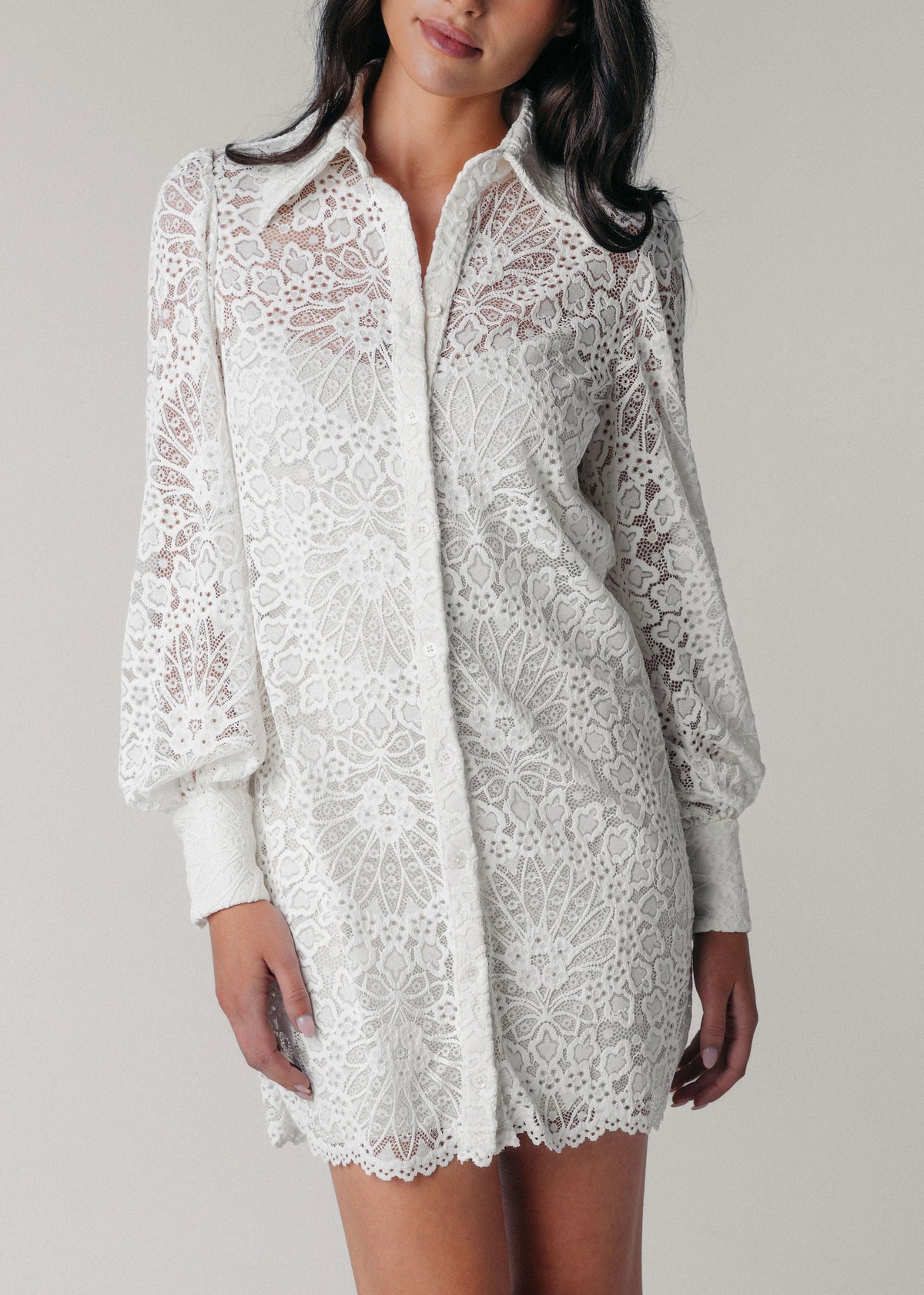Samantha Wood Fashion Designer Bridal Era Collection Charlotte White Lace Shirt Dress on Model Detail