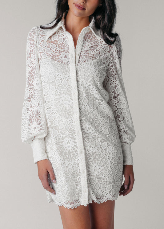 Samantha Wood Fashion Designer Bridal Era Collection Charlotte White Lace Shirt Dress on Model Detail
