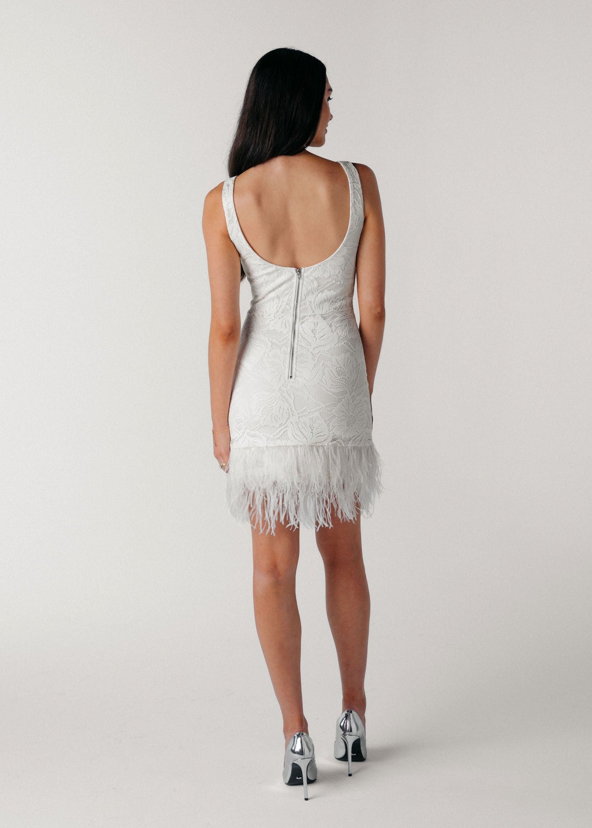 Samantha Wood Bridal Era Collection Georgie Dress with Signature Lace and Ostrich Feather Trim on Model (back)