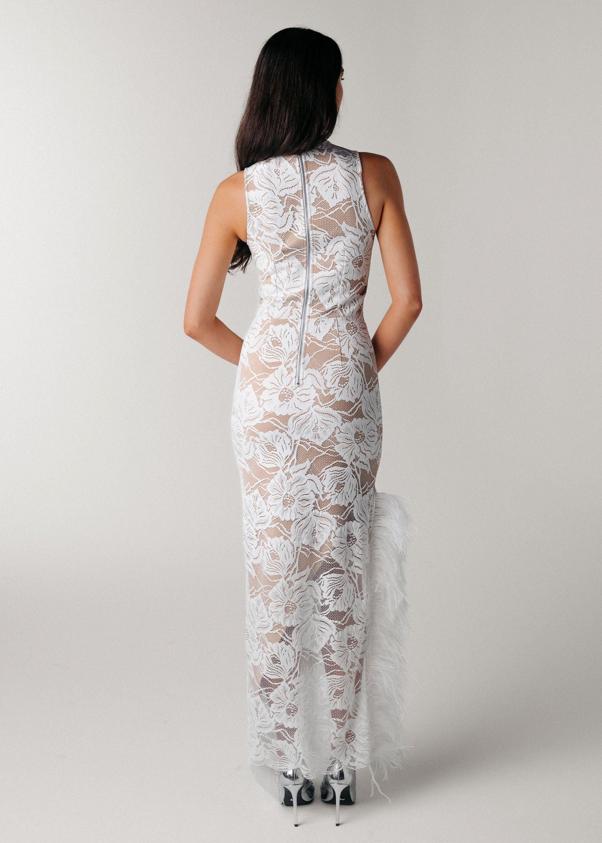 Samantha Wood Fashion Designer Bridal Era Collection Jules Ivory Lace Ponte Lined Long Dress with Ostrich Feather Trim Slit Back View on Model Morgan Romano