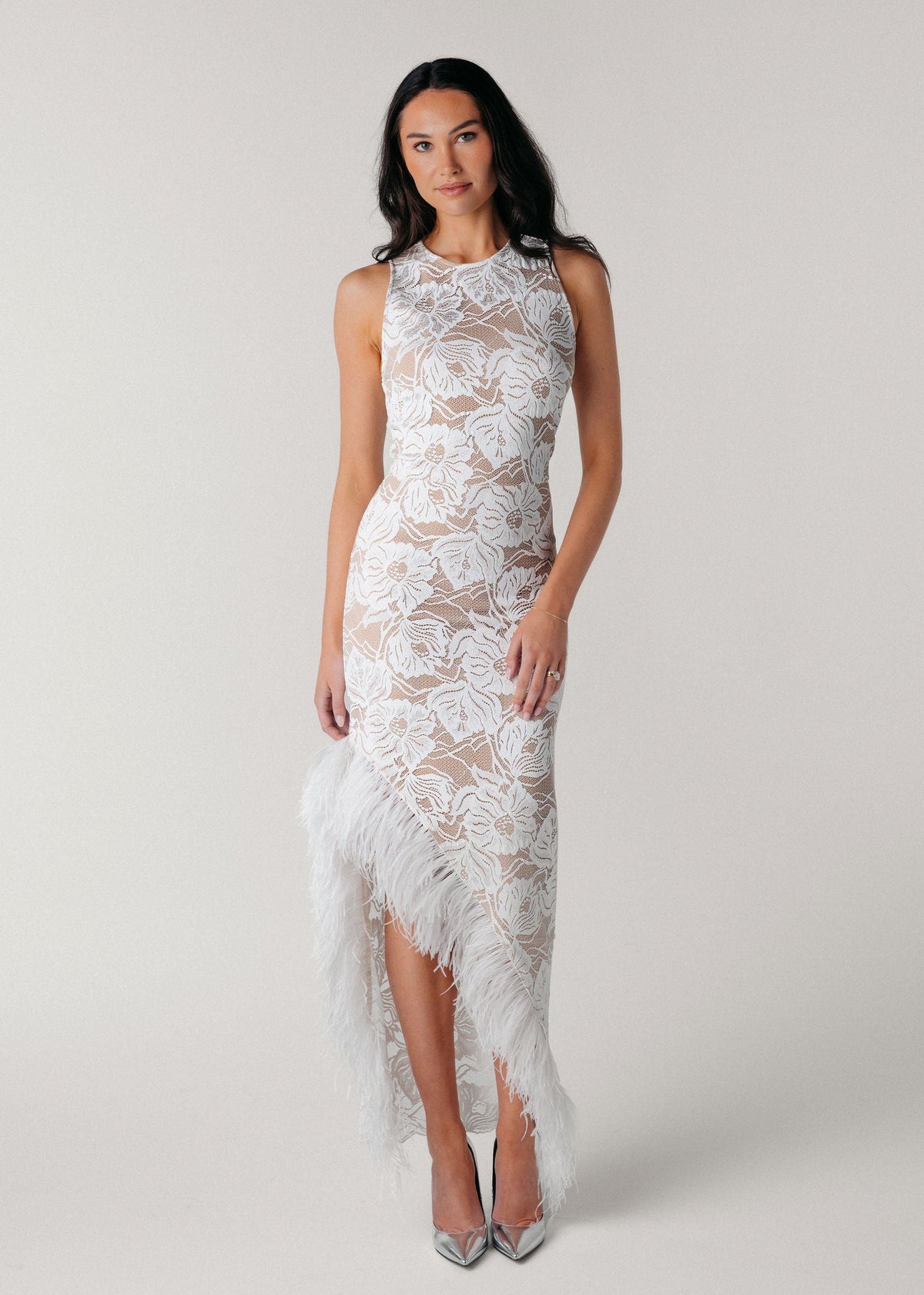 Samantha Wood Fashion Designer Bridal Era Collection Jules Ivory Lace Ponte Lined Long Dress with Ostrich Feather Trim Slit Front View