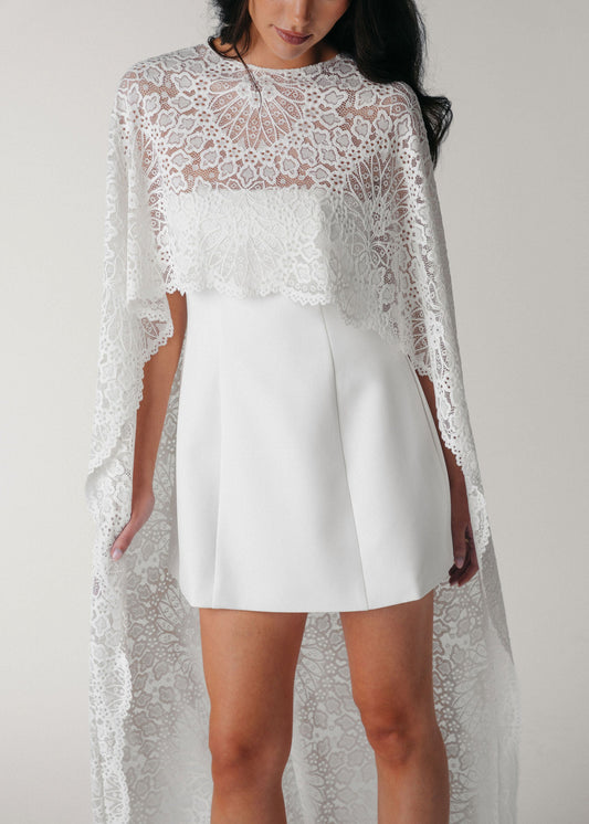 Samantha Wood Dress Designer Bridal Collection Lace Cape on Model (detail)