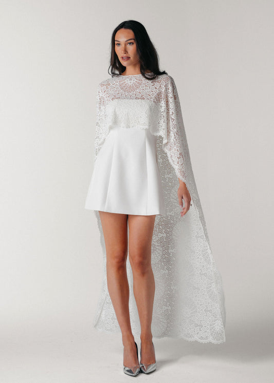 Samantha Wood Dress Designer Bridal Collection Lace Cape on Model (front)