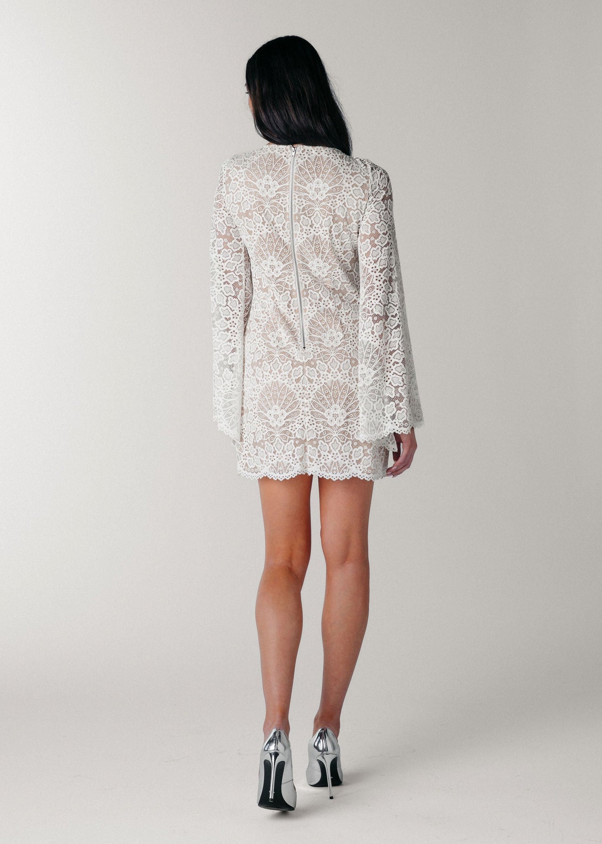 The Stevie Lace Keyhole Dress with Bell Sleeves by American Fashion Designer Samantha Wood Bridal Era Collection Back View Image