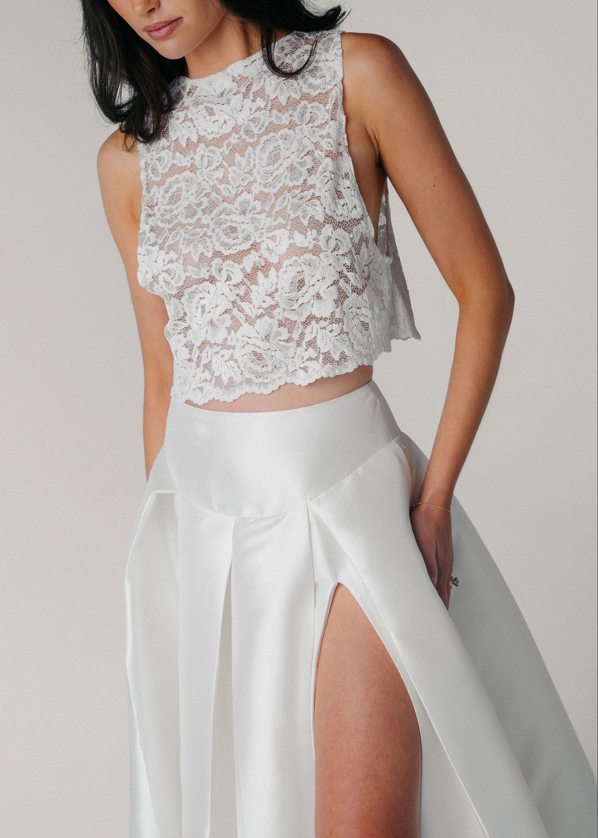 Samantha Wood Fashion Designer Bridal Collection Pleated Maxi Skirt with High Slit and Pockets Detail View