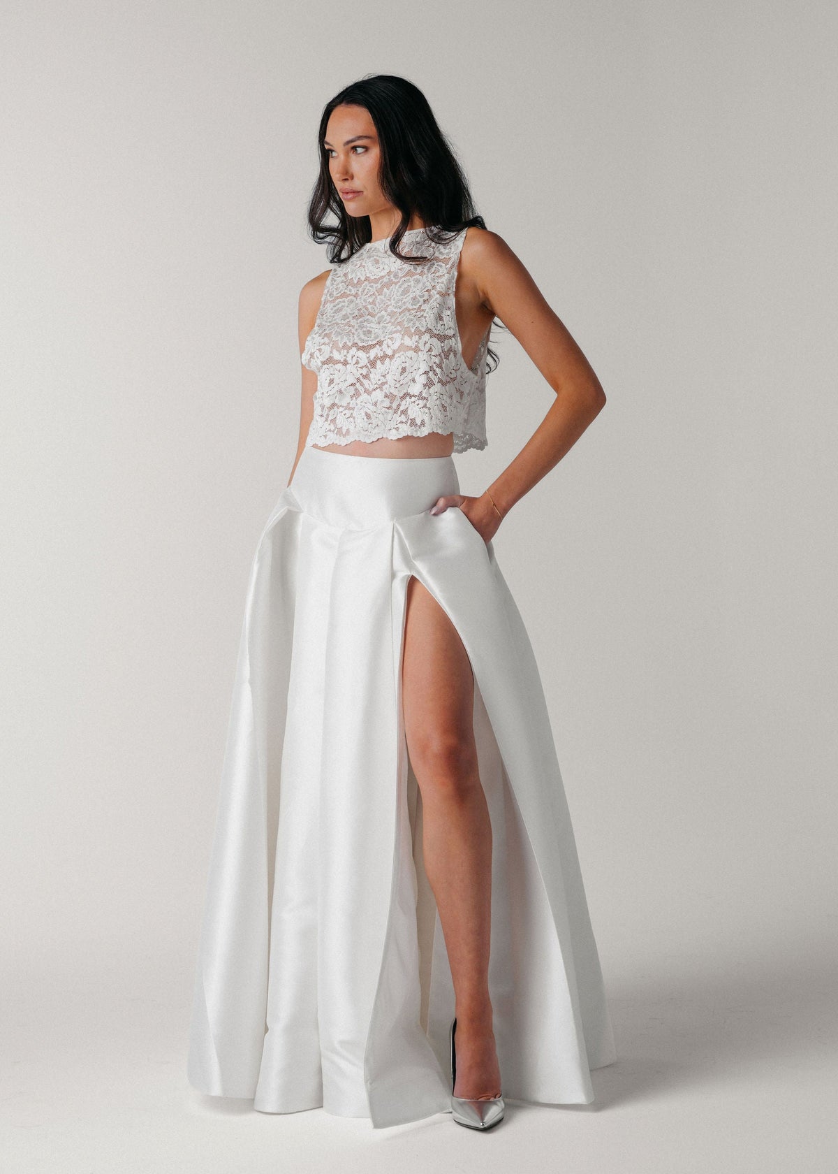 Samantha Wood Fashion Designer Bridal Collection Pleated Maxi Skirt with High Slit and Pockets Front View