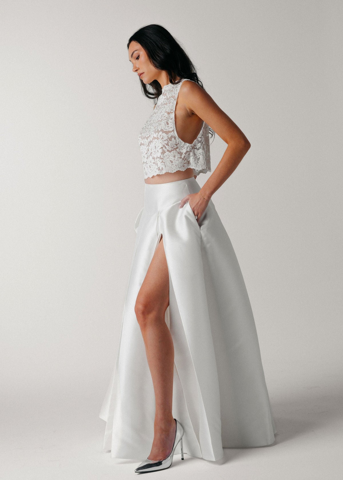 Samantha Wood Fashion Designer Bridal Collection Pleated Maxi Skirt with High Slit and Pockets Side View