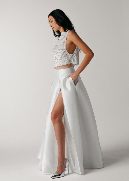 Samantha Wood Fashion Designer Bridal Collection Pleated Maxi Skirt with High Slit and Pockets Side View
