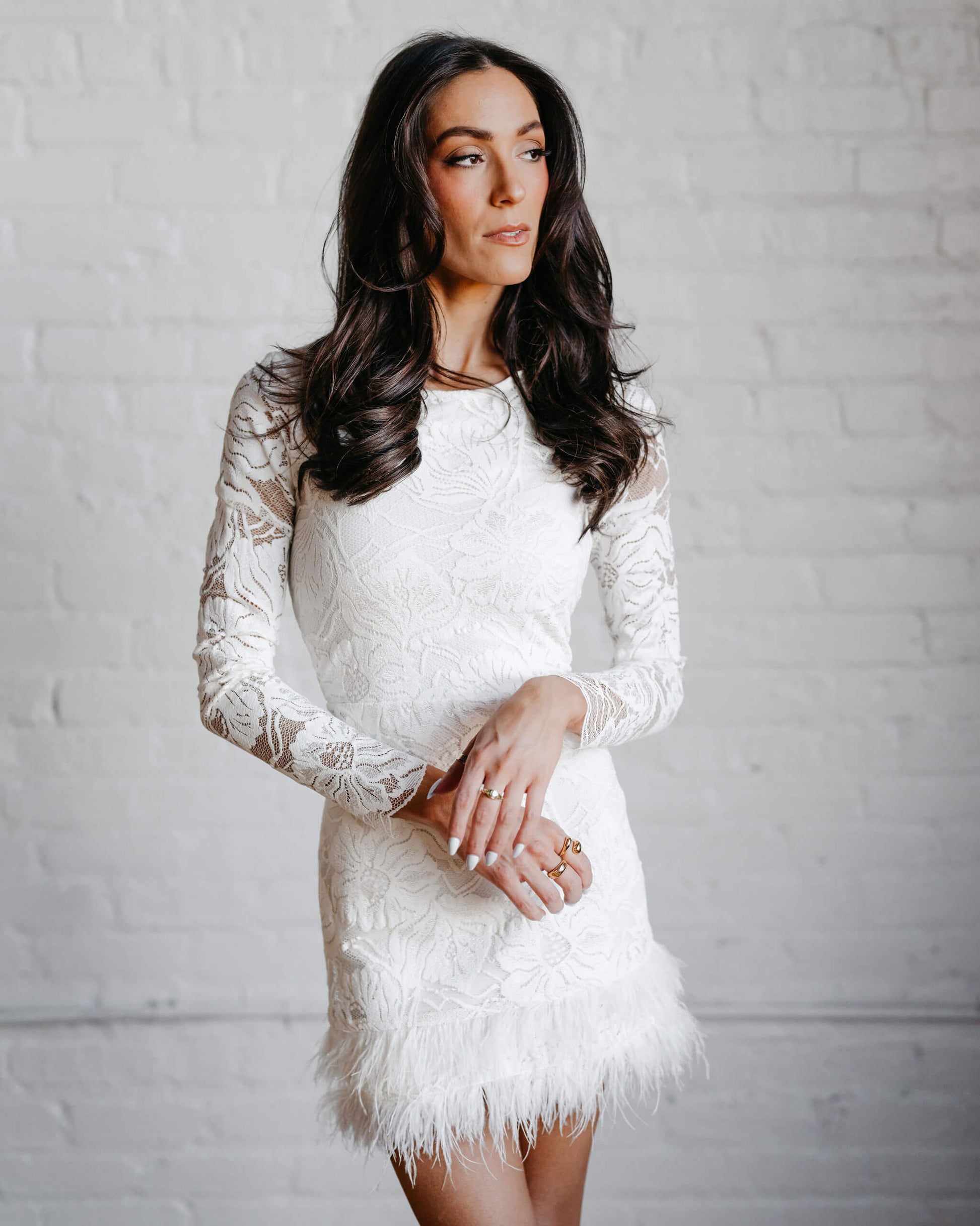 The Lynn Mini Ostrich Feather Dress in Ivory Bloom Lace S The Lynn Mini Ostrich Feather Dress in Ivory Bloom Lace S